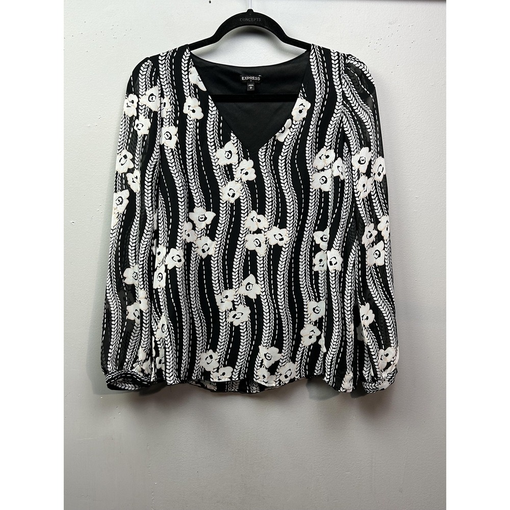 Express Blouse Womens Small‎ Black White Floral Long Sleeve V Neck Sheer Top